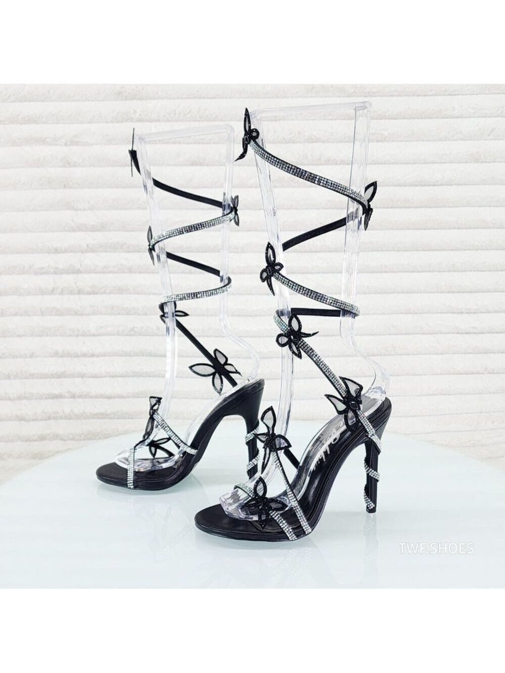 Fly Girl Black Upper & Rhinestones Butterfly Wrap Strap High Heels